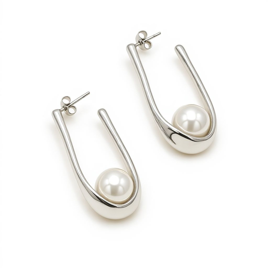 Silver earrings with pearls on a white background