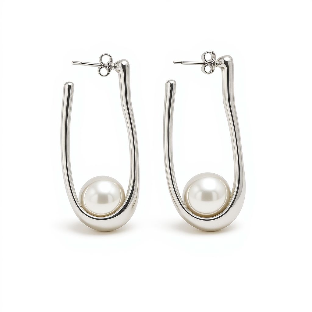 Silver hoop earrings with pearls on a white background