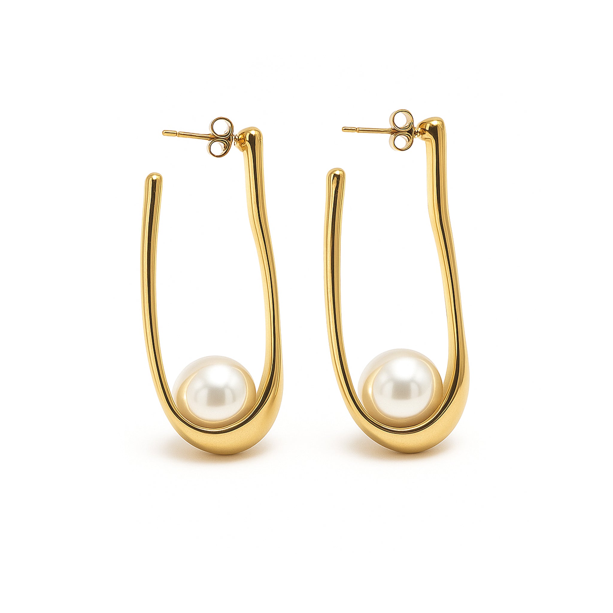 Gold hoop earrings with pearl centers on a white background